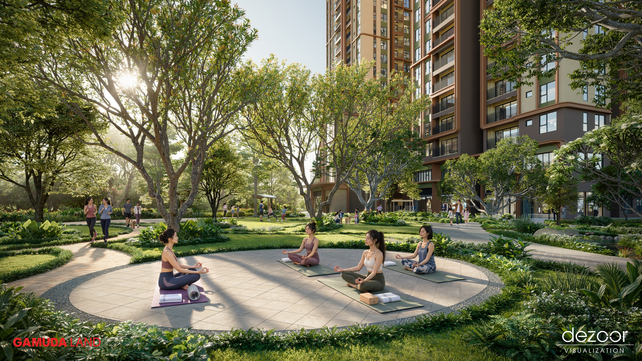 Sàn Tập Yoga Ngoài Trời Giữa Vườn Thiền & Thảm Xanh Sinh Thái — Phối cảnh 3D kiến trúc Norton Park (Gamuda Land) | Diễn họa Dezoor Visualization