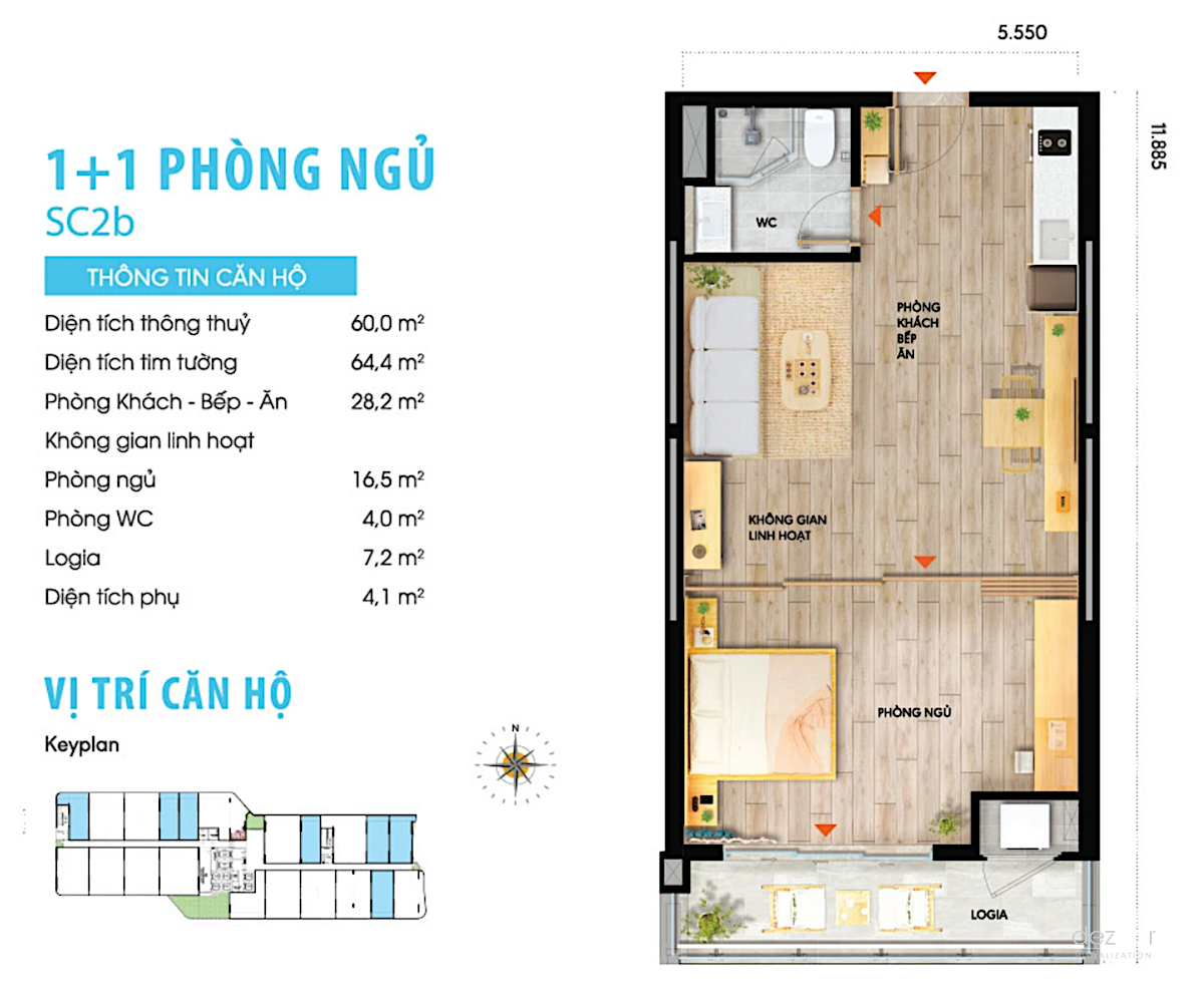 Mặt bằng căn 1PN+1